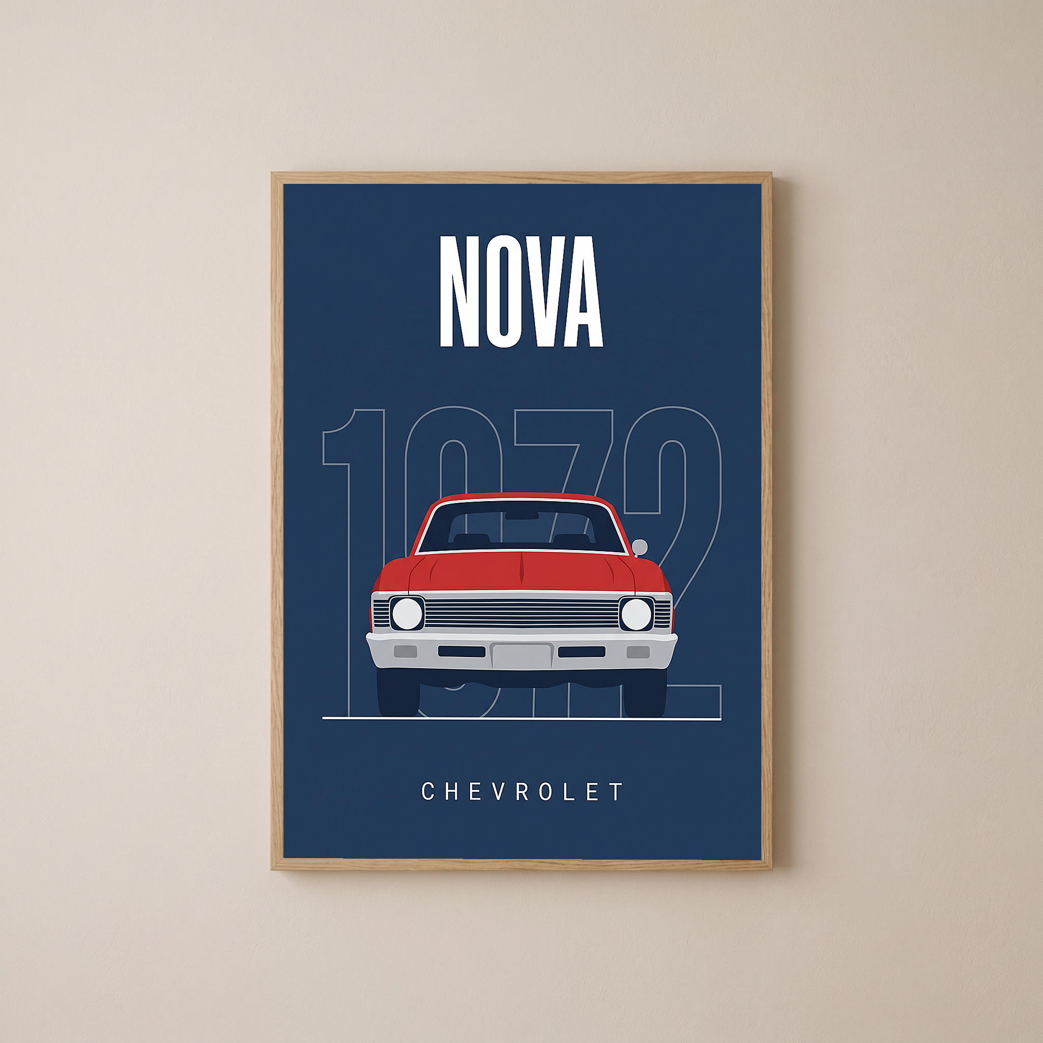 Chevrolet Nova 1972 Minimalist Poster — Red on Navy Compact Muscle Line Art