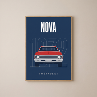 Chevrolet Nova 1972 Minimalist Poster — Red on Navy Compact Muscle Line Art