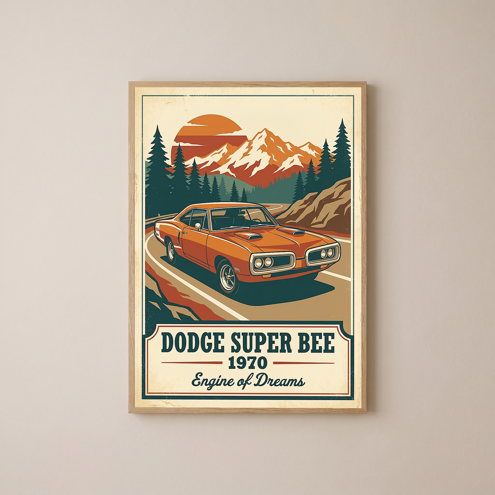 Dodge Super Bee 1970 V2 Poster — Vintage Muscle Mountain Pine Sunset Print