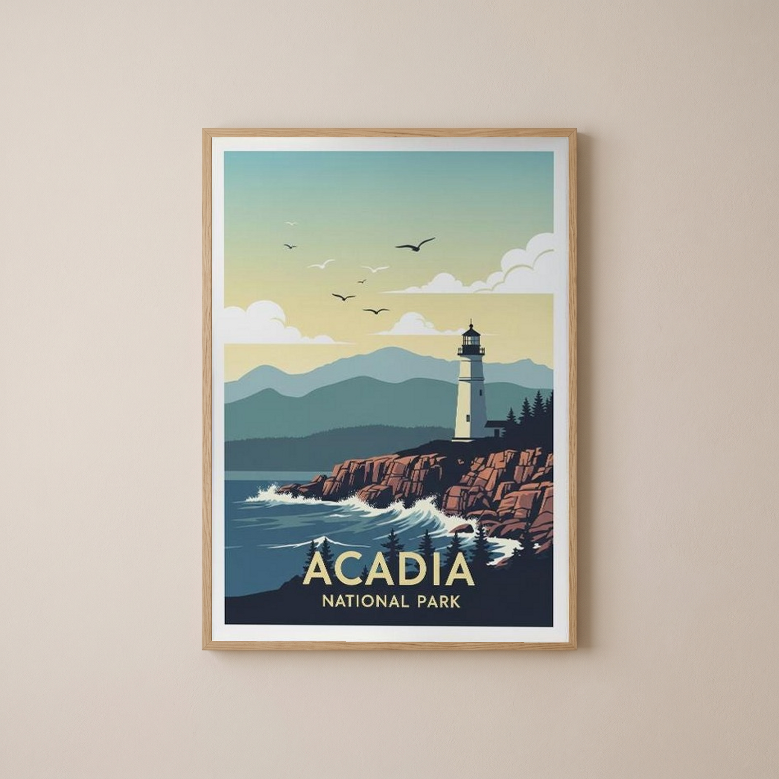 Acadia National Park Poster — Vintage Maine Lighthouse Coastal Print