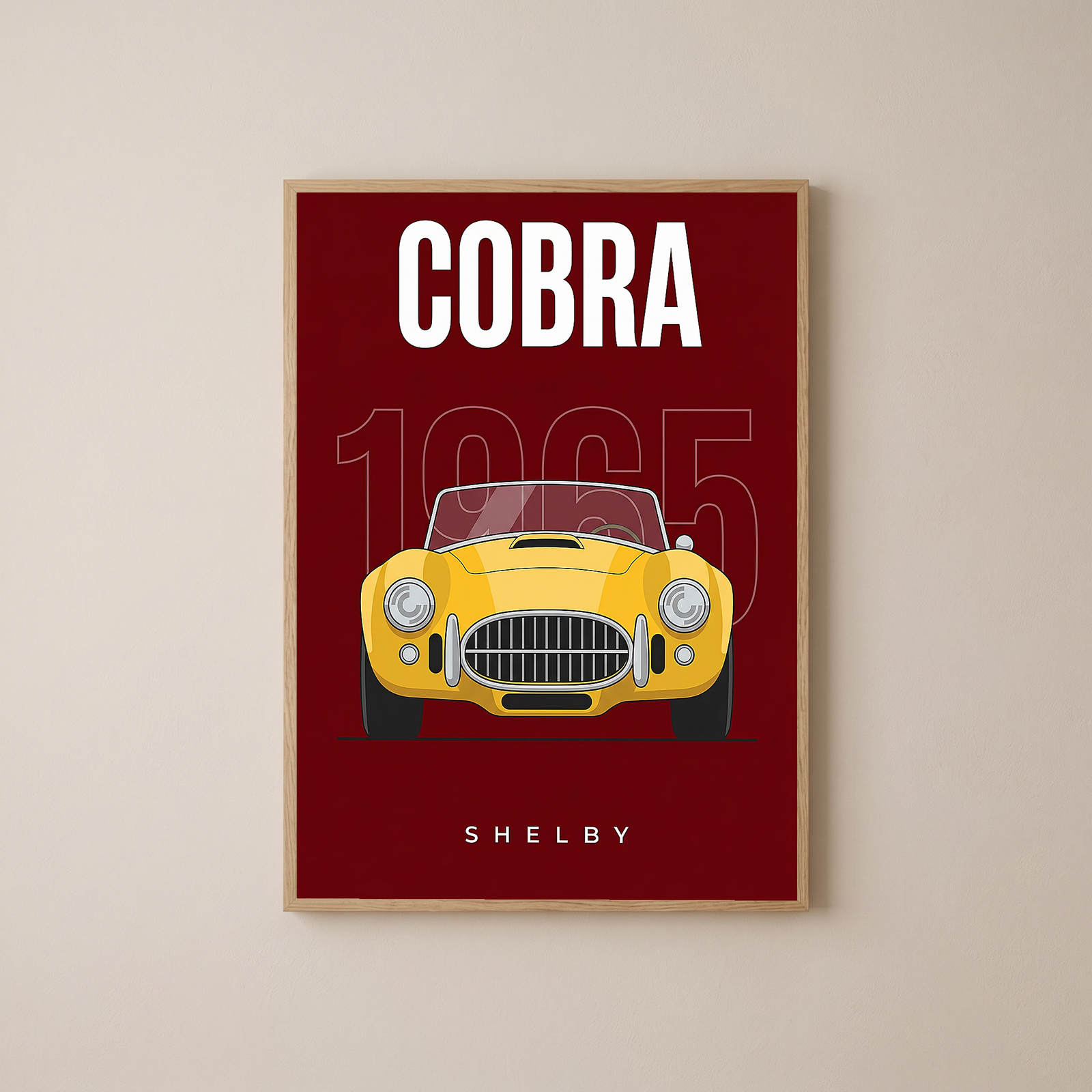 Shelby Cobra 1965 Minimalist Poster — Burgundy Roadster Line Art