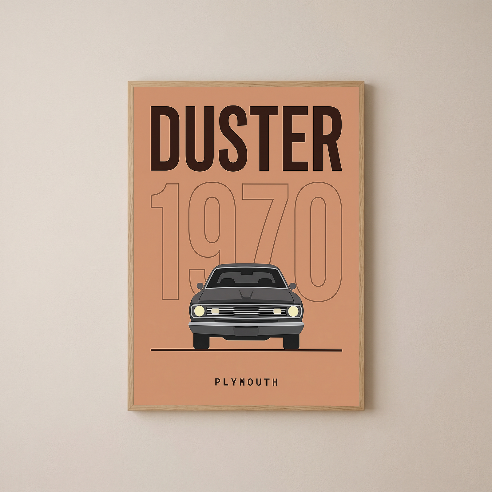 Plymouth Duster 1970 Minimalist Poster — Terracotta Muscle Car Line Art