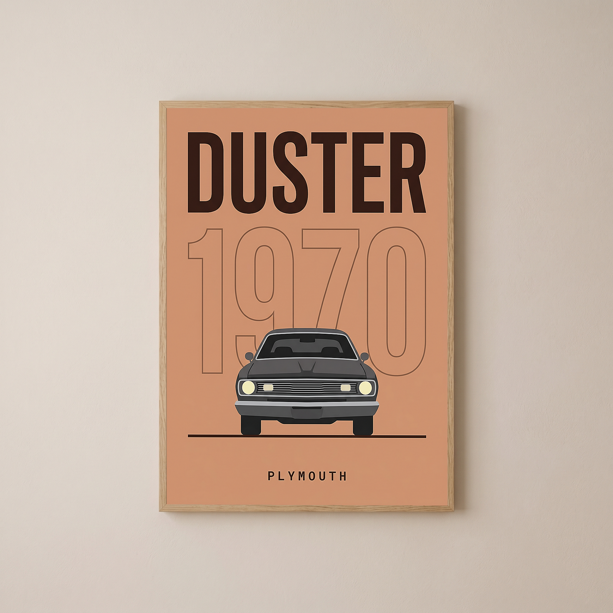 Plymouth Duster 1970 Minimalist Poster — Terracotta Muscle Car Line Art
