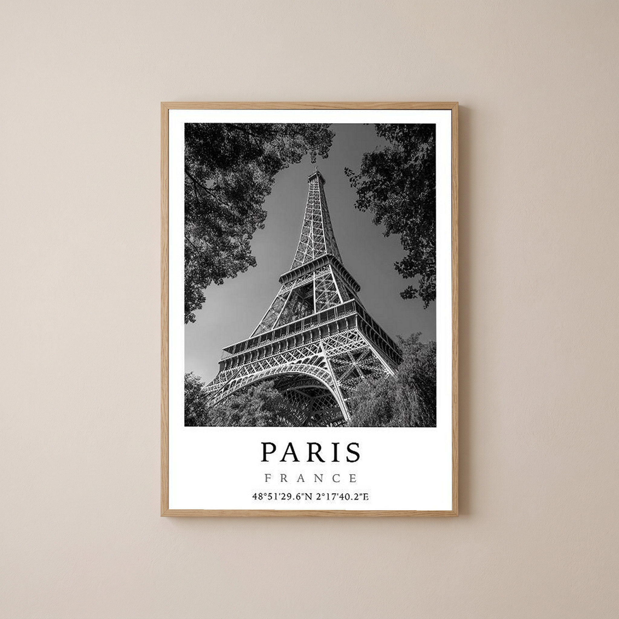Paris Eiffel Tower Poster — Black and White France Coordinates Print