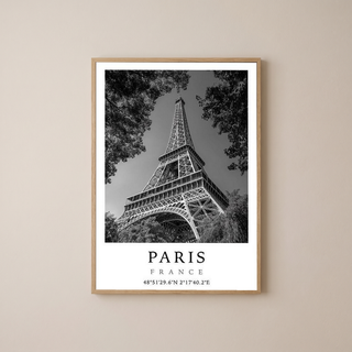 Paris Eiffel Tower Poster — Black and White France Coordinates Print