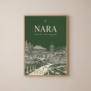 Nara Line Art Print — Forest Green Tōdai-ji Temple Pagoda Deer Wall Art