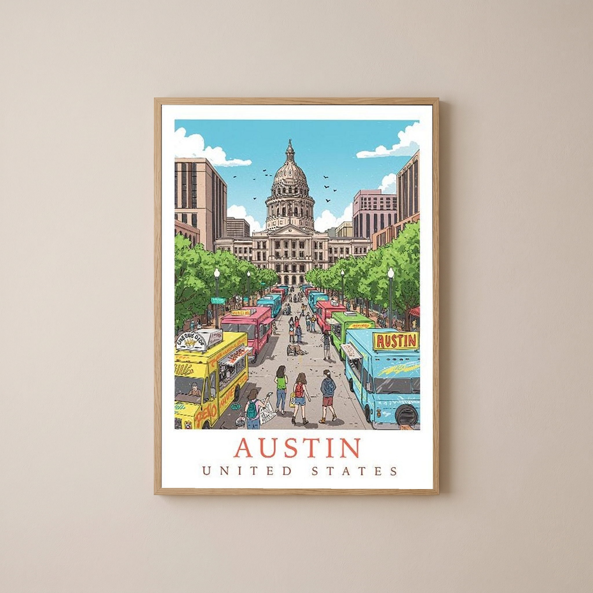 Austin Texas Travel Poster — State Capitol Food Truck Congress Print