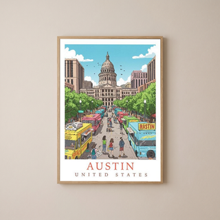 Austin Texas Travel Poster — State Capitol Food Truck Congress Print