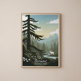 Olympic National Park Poster — Vintage Washington Roosevelt Elk Old-Growth Print