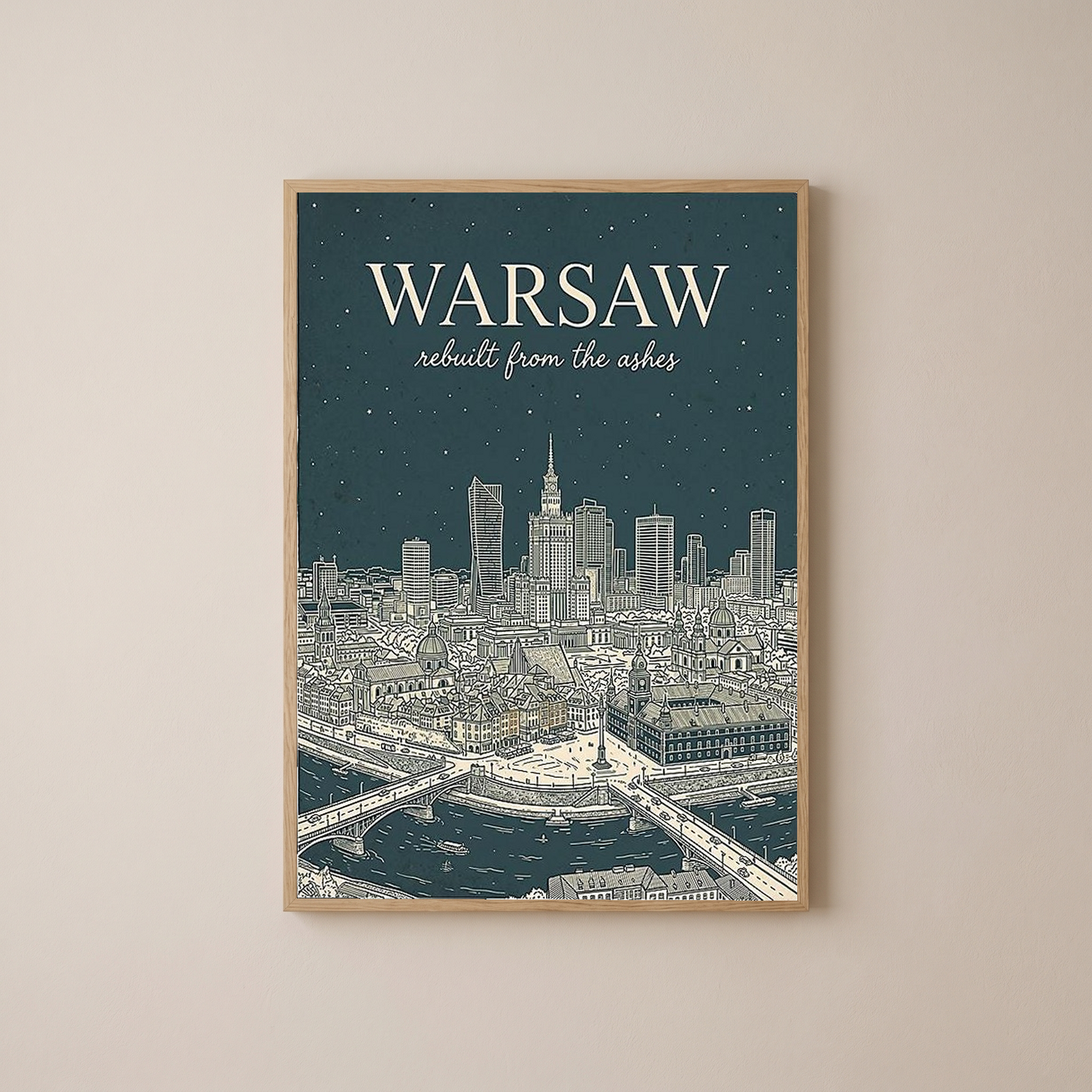 Warsaw Line Art Print — Slate Old Town Palace of Culture Skyline Wall Art