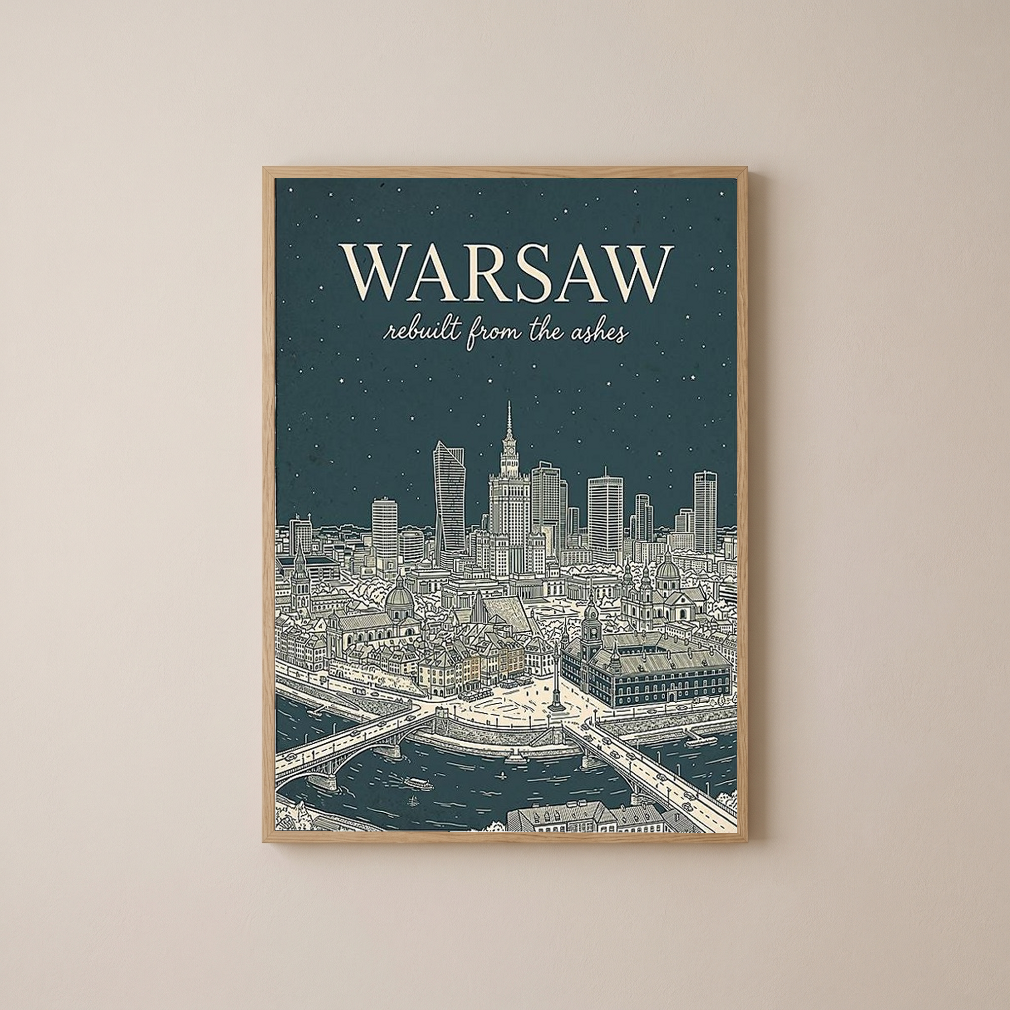 Warsaw Line Art Print — Slate Old Town Palace of Culture Skyline Wall Art