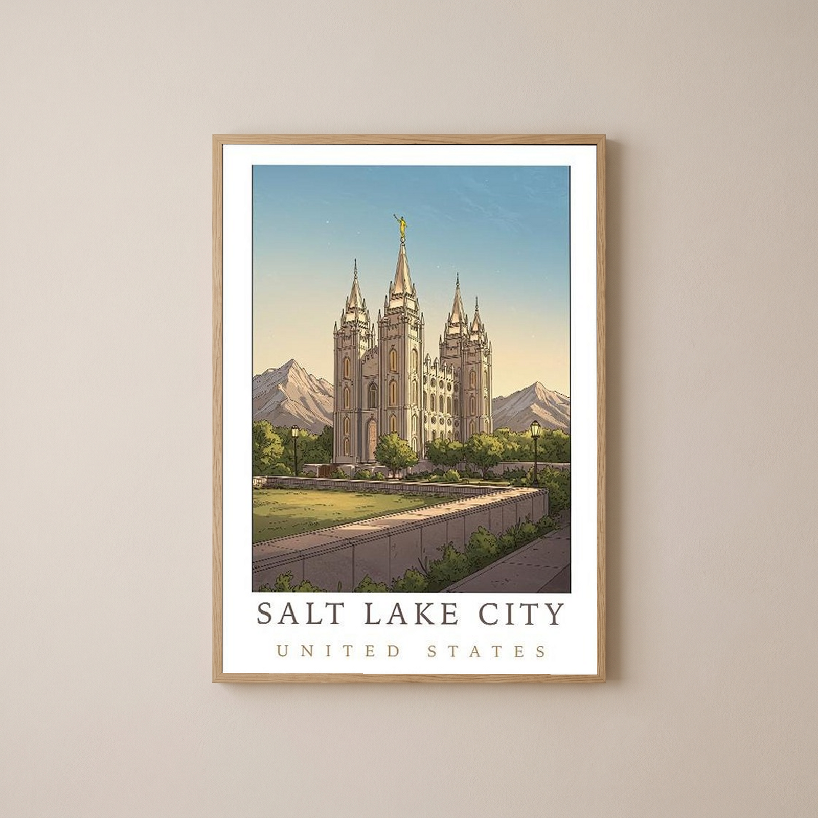 Salt Lake City Utah Travel Poster — Temple Square Wasatch Mountains Print