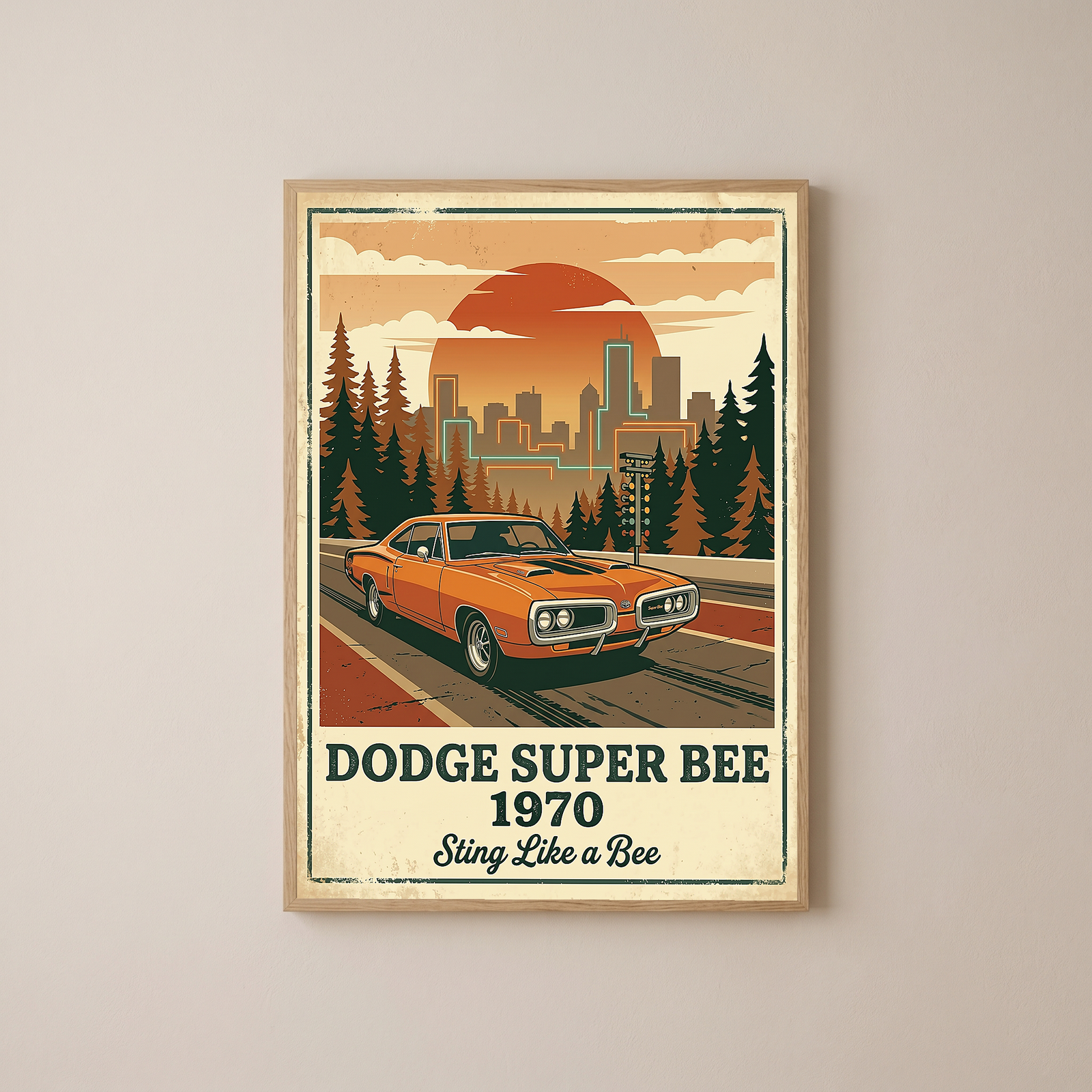 Dodge Super Bee 1970 Poster — Vintage Muscle Car City Skyline Print