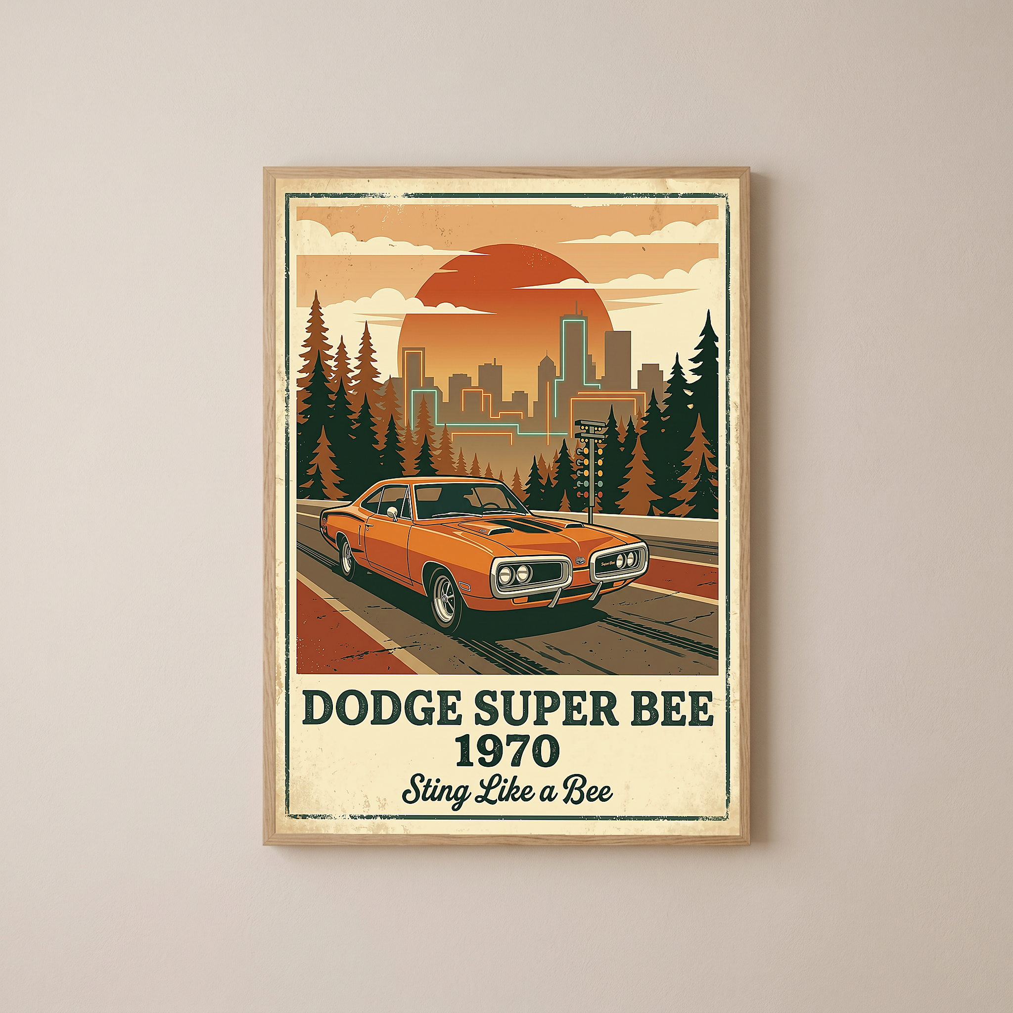 Dodge Super Bee 1970 Poster — Vintage Muscle Car City Skyline Print