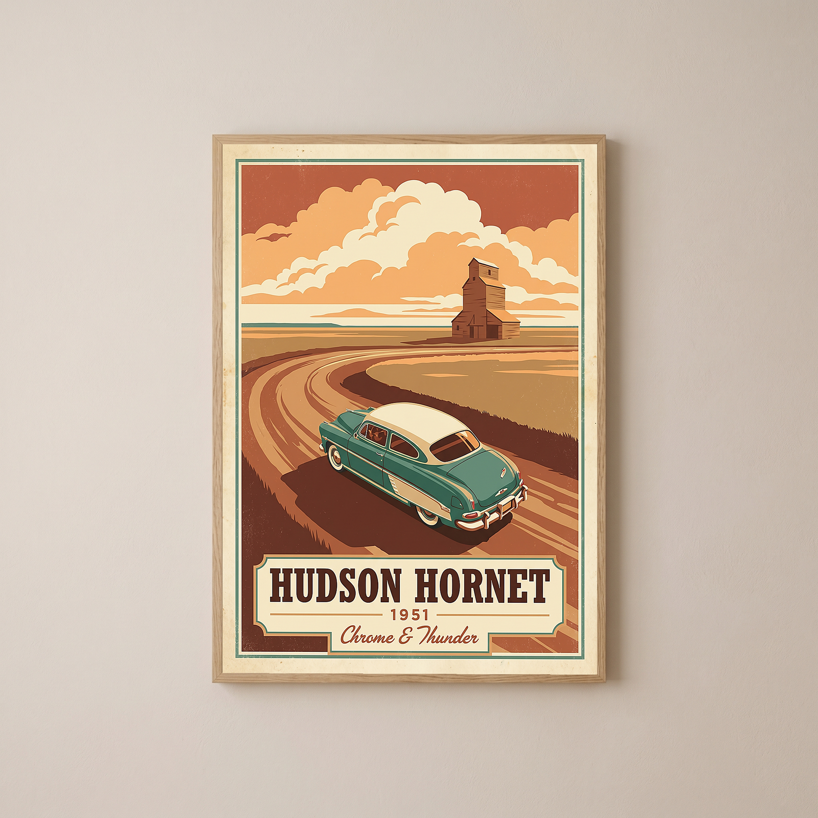 Hudson Hornet 1951 Poster — Vintage NASCAR Stock Car Prairie Print