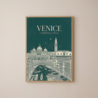 Venice Line Art Print — Forest Green St. Mark's Basilica Rialto Bridge Wall Art