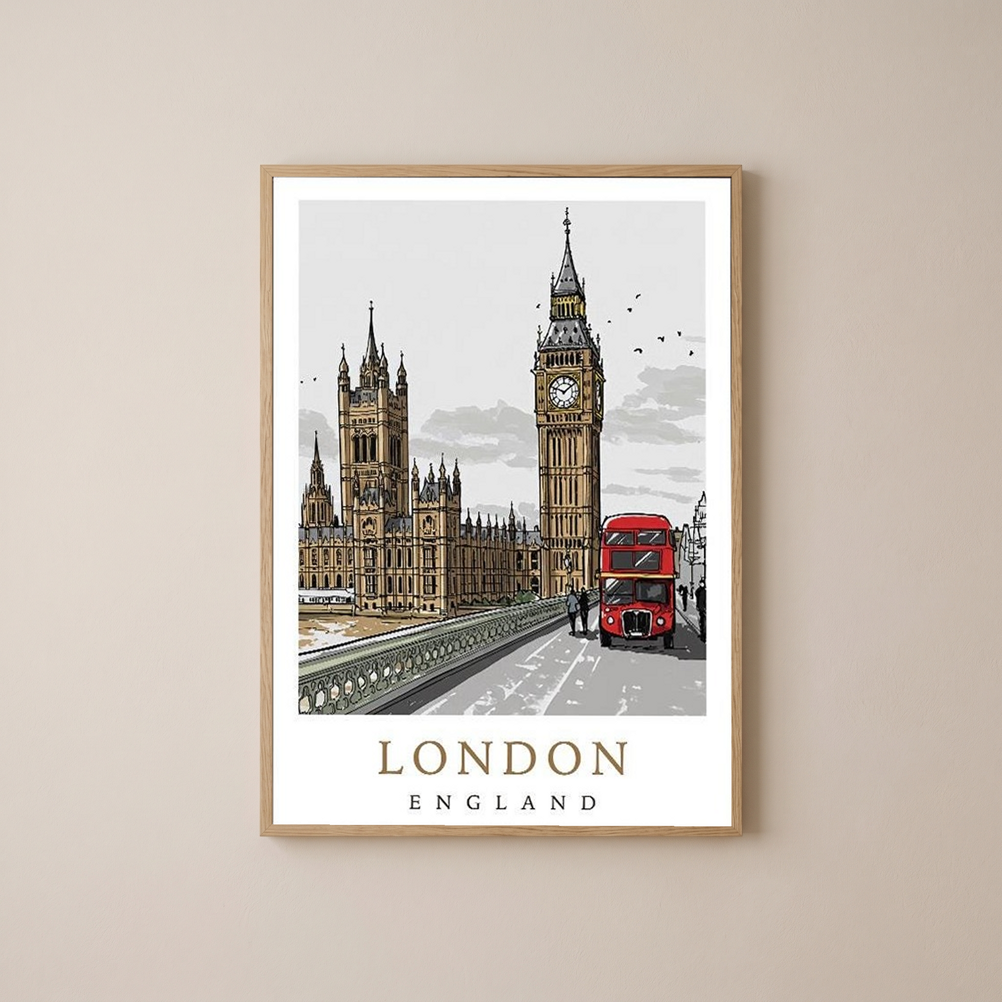 London Travel Poster — Big Ben Houses of Parliament Red Bus Print