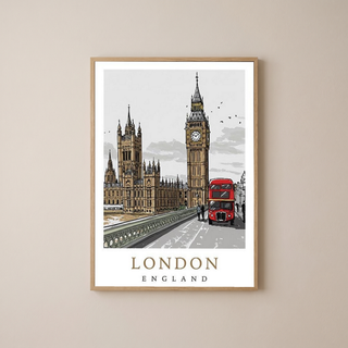 London Travel Poster — Big Ben Houses of Parliament Red Bus Print