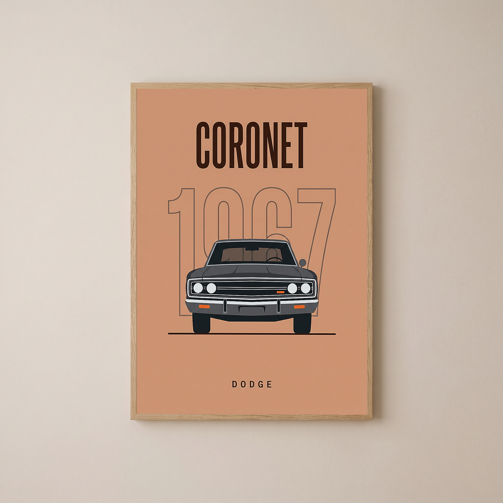 Dodge Coronet 1967 Minimalist Poster — Peach Muscle Car Line Art