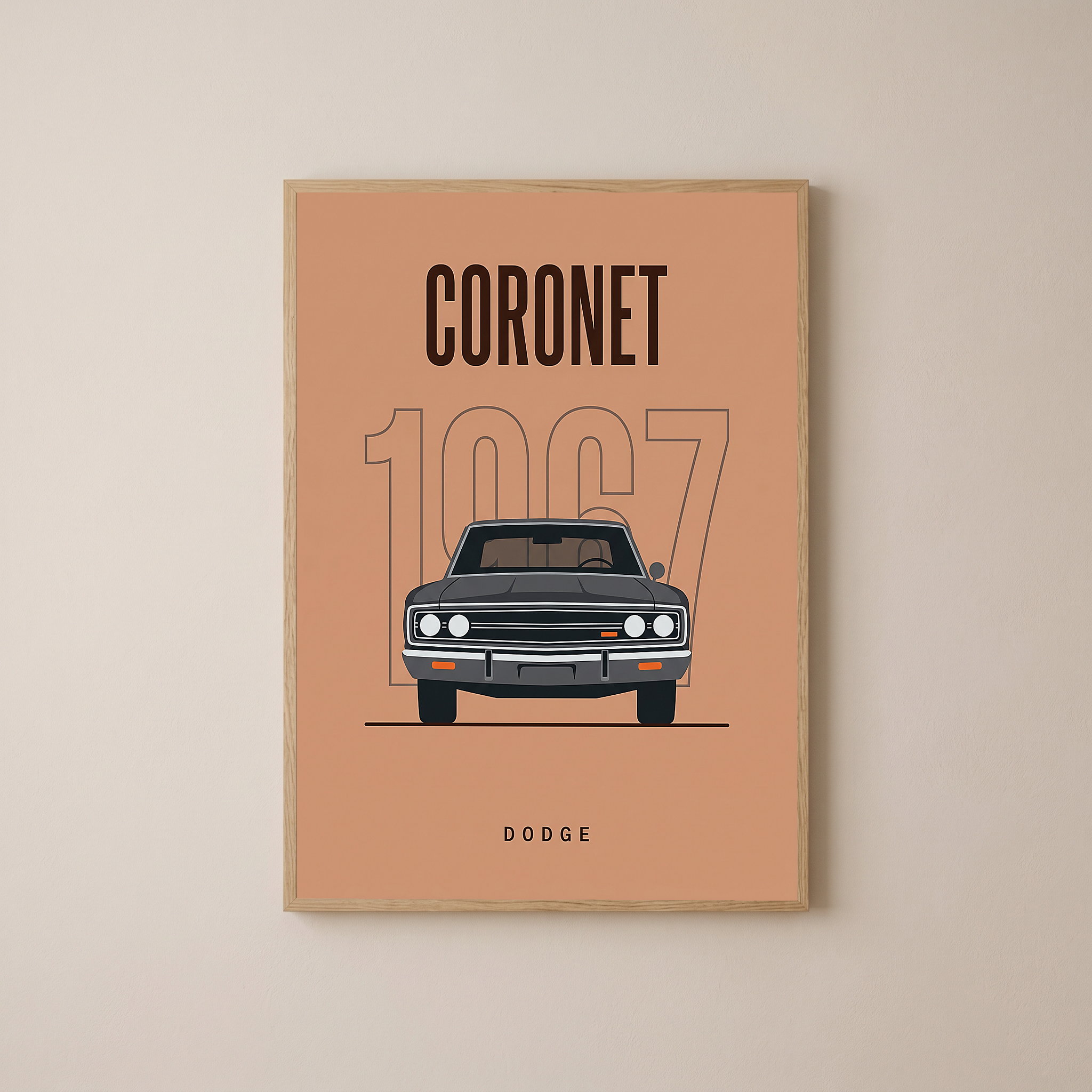 Dodge Coronet 1967 Minimalist Poster — Peach Muscle Car Line Art