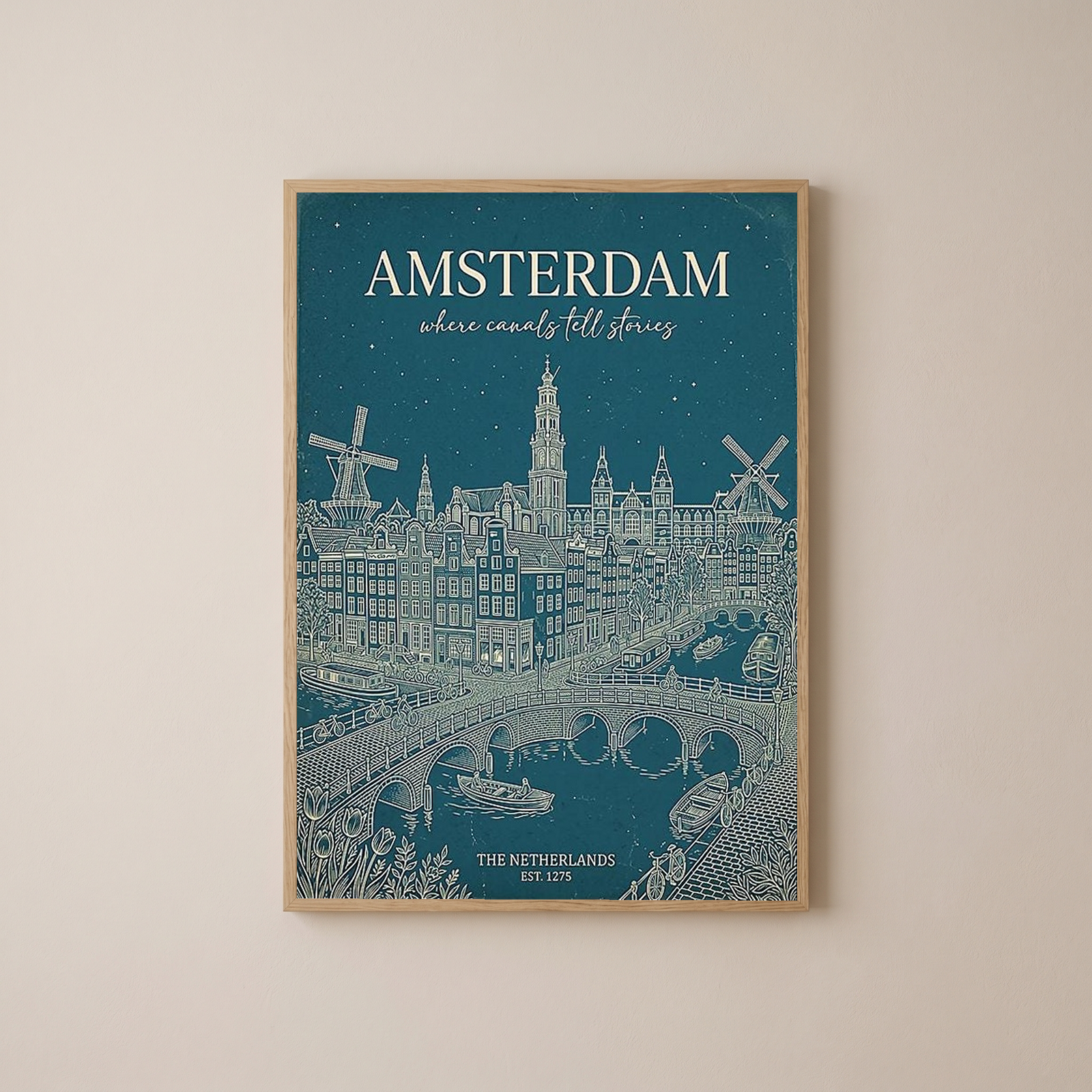 Amsterdam Line Art Print — Teal Canal Windmill Skyline Wall Art