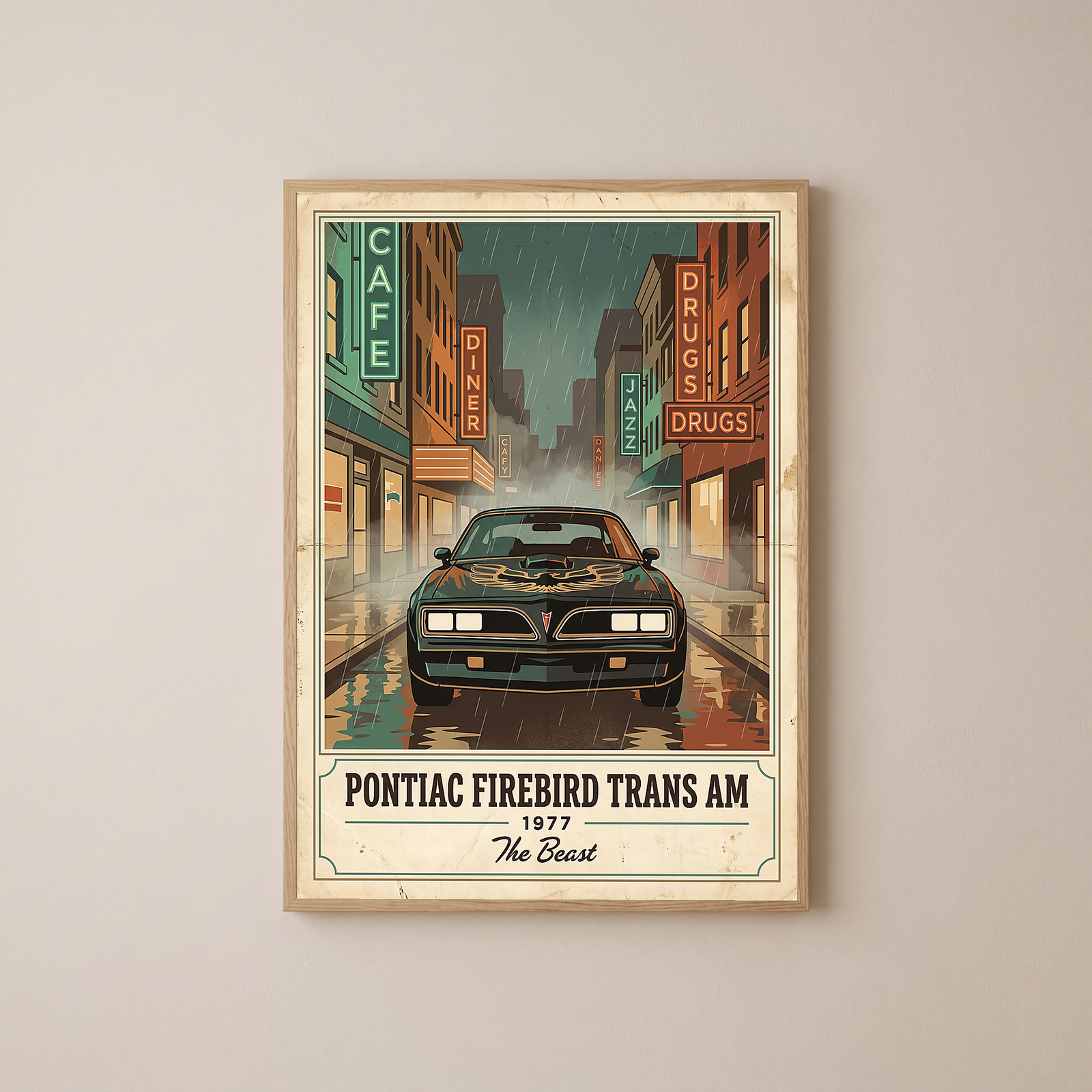 Pontiac Firebird Trans Am 1977 Poster — Vintage Muscle Bandit Rainy Noir Street Print