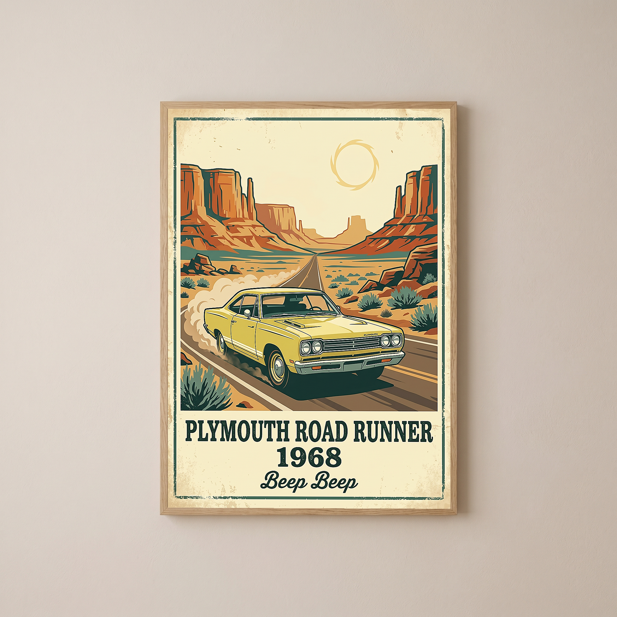 Plymouth Road Runner 1968 Poster — Vintage Muscle Car Monument Valley Print