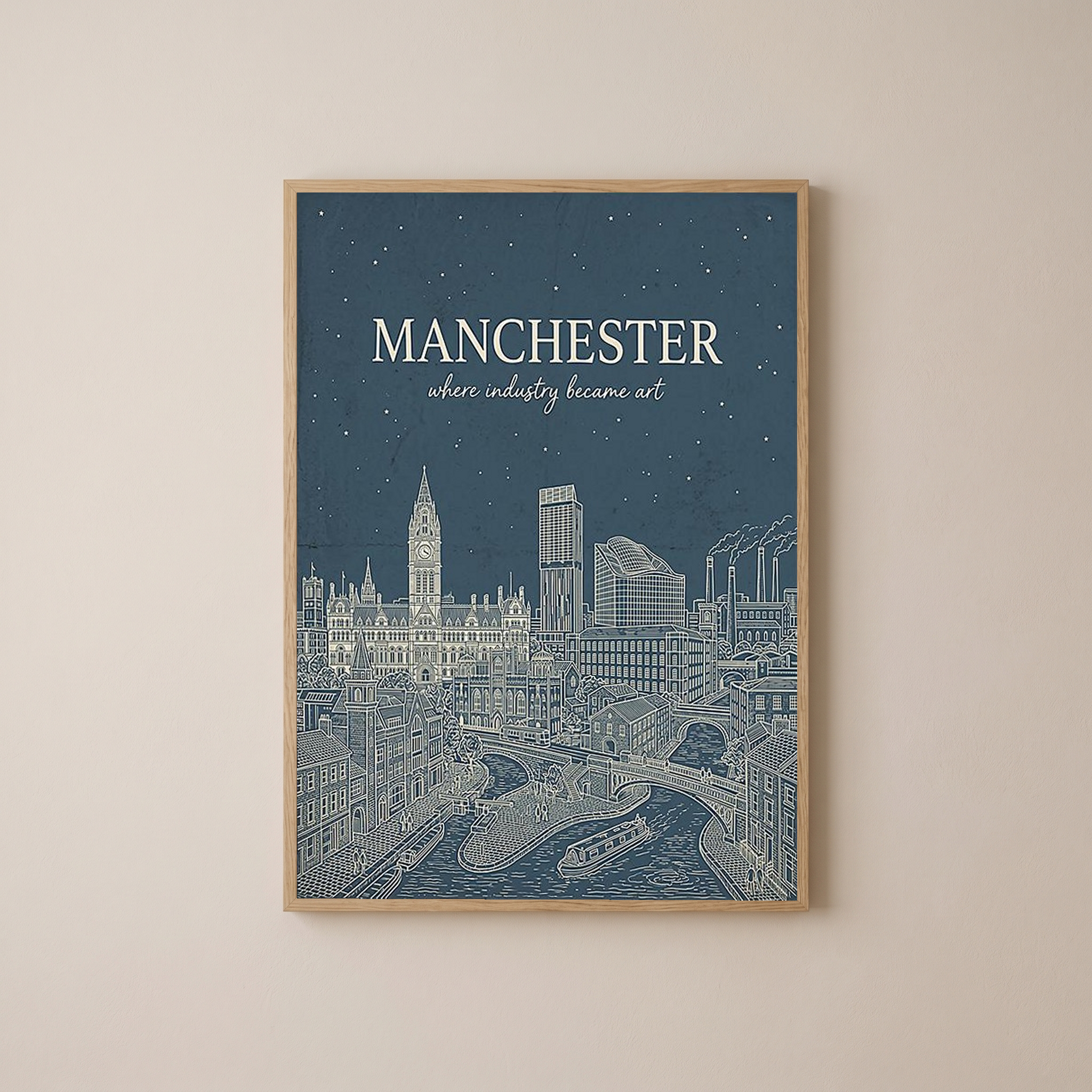 Manchester Line Art Print — Slate Blue Town Hall Industrial Skyline Wall Art