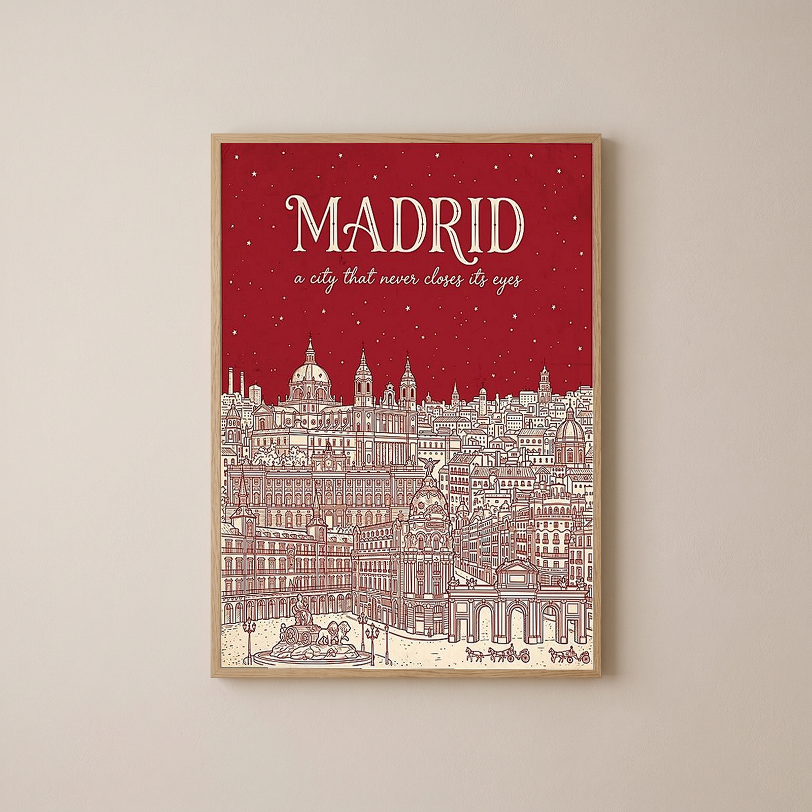 Madrid Line Art Print — Cherry Red Royal Palace Plaza Mayor Skyline Wall Art
