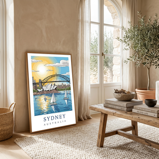 Sydney Australia Travel Poster — Opera House Harbour Bridge Sailboat Print