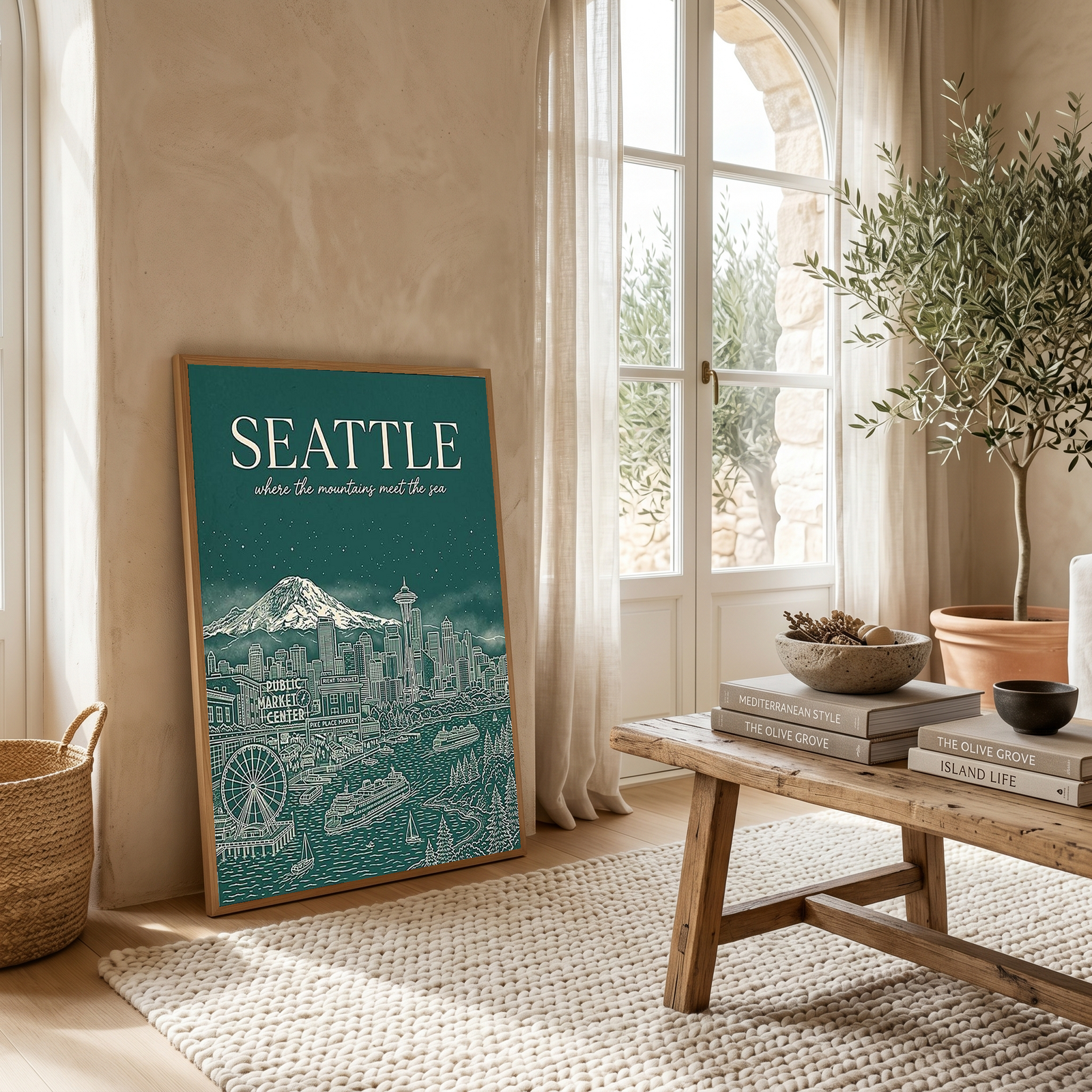 Seattle Line Art Travel Poster — Mount Rainier Cityscape Pacific Northwest Print