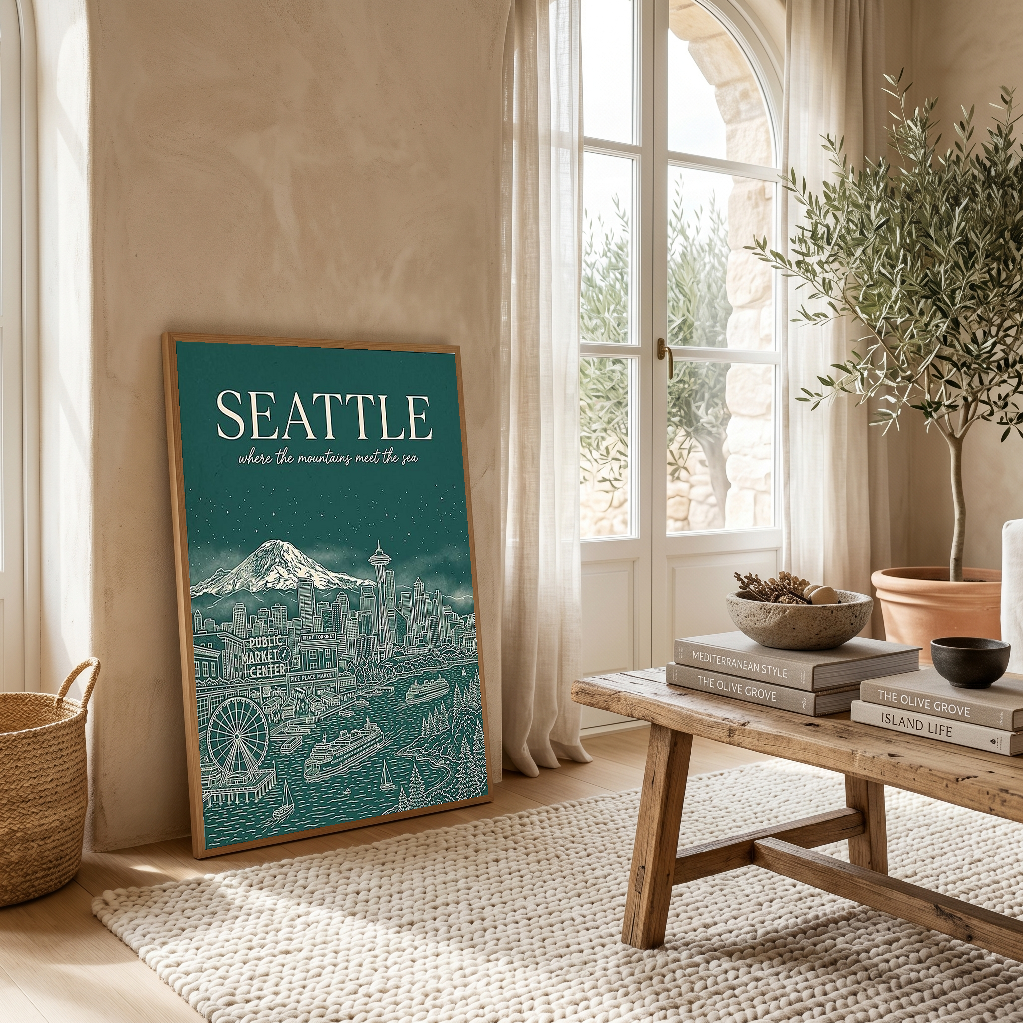 Seattle Line Art Travel Poster — Mount Rainier Cityscape Pacific Northwest Print