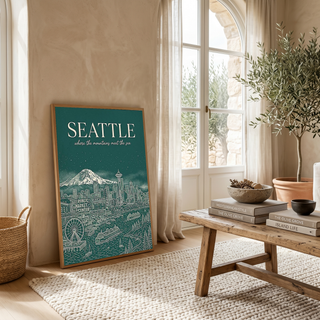 Seattle Line Art Travel Poster — Mount Rainier Cityscape Pacific Northwest Print