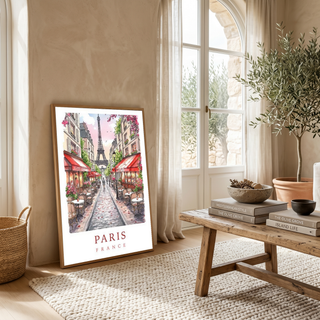 Paris France Travel Poster — Eiffel Tower Street Cafe Print