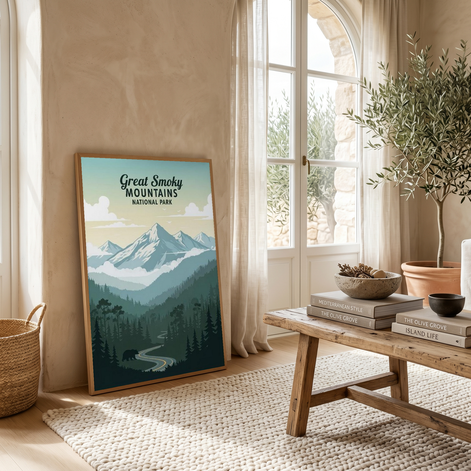 Great Smoky Mountains National Park Poster — Vintage Black Bear Foggy Ridges Print
