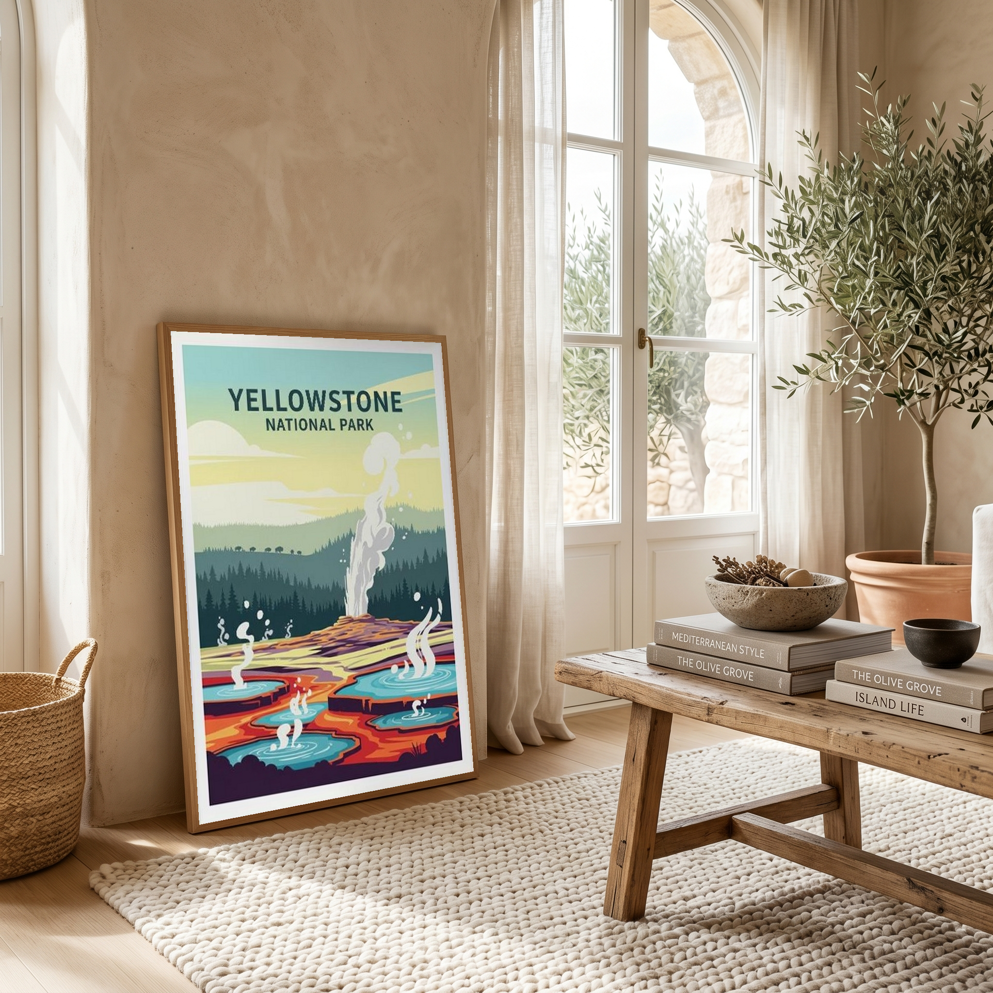 Yellowstone National Park Poster — Vintage Old Faithful Grand Prismatic Spring Print