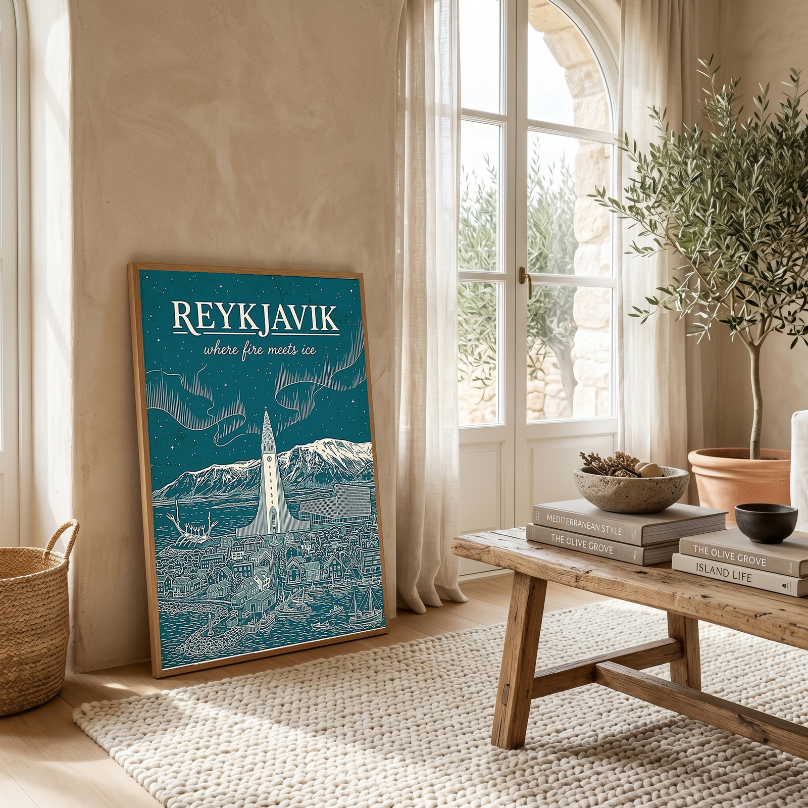 Reykjavik Line Art Print — Teal Hallgrímskirkja Aurora Skyline Wall Art