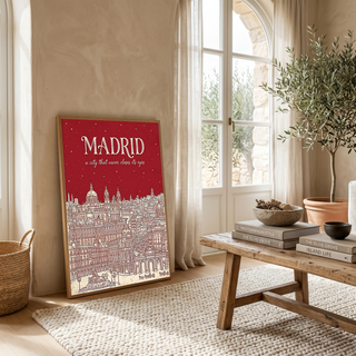 Madrid Line Art Print — Cherry Red Royal Palace Plaza Mayor Skyline Wall Art