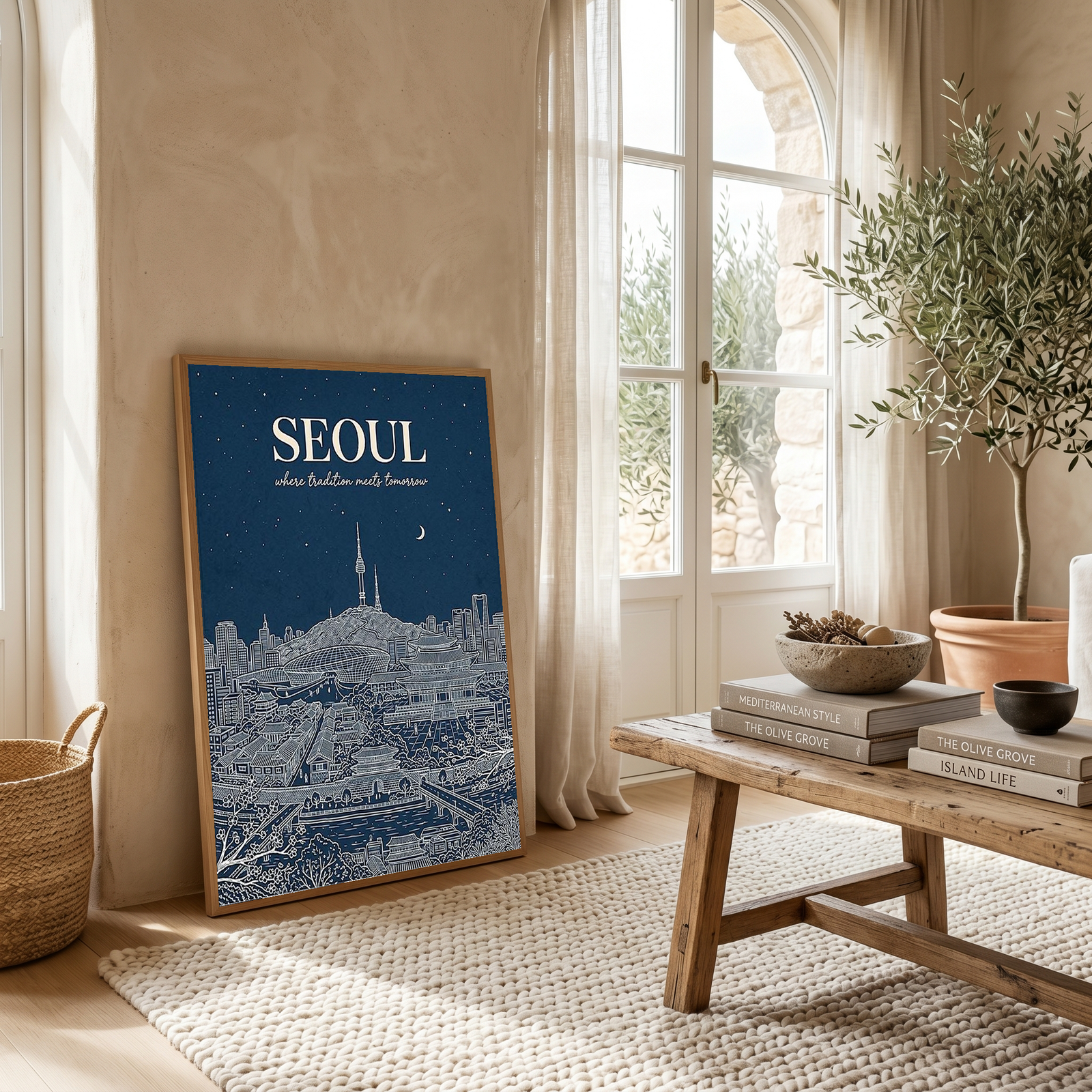 Seoul Line Art Print — Navy N Seoul Tower Gyeongbokgung Palace Skyline Wall Art
