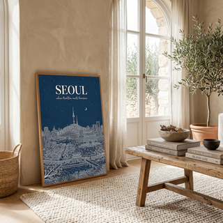 Seoul Line Art Print — Navy N Seoul Tower Gyeongbokgung Palace Skyline Wall Art