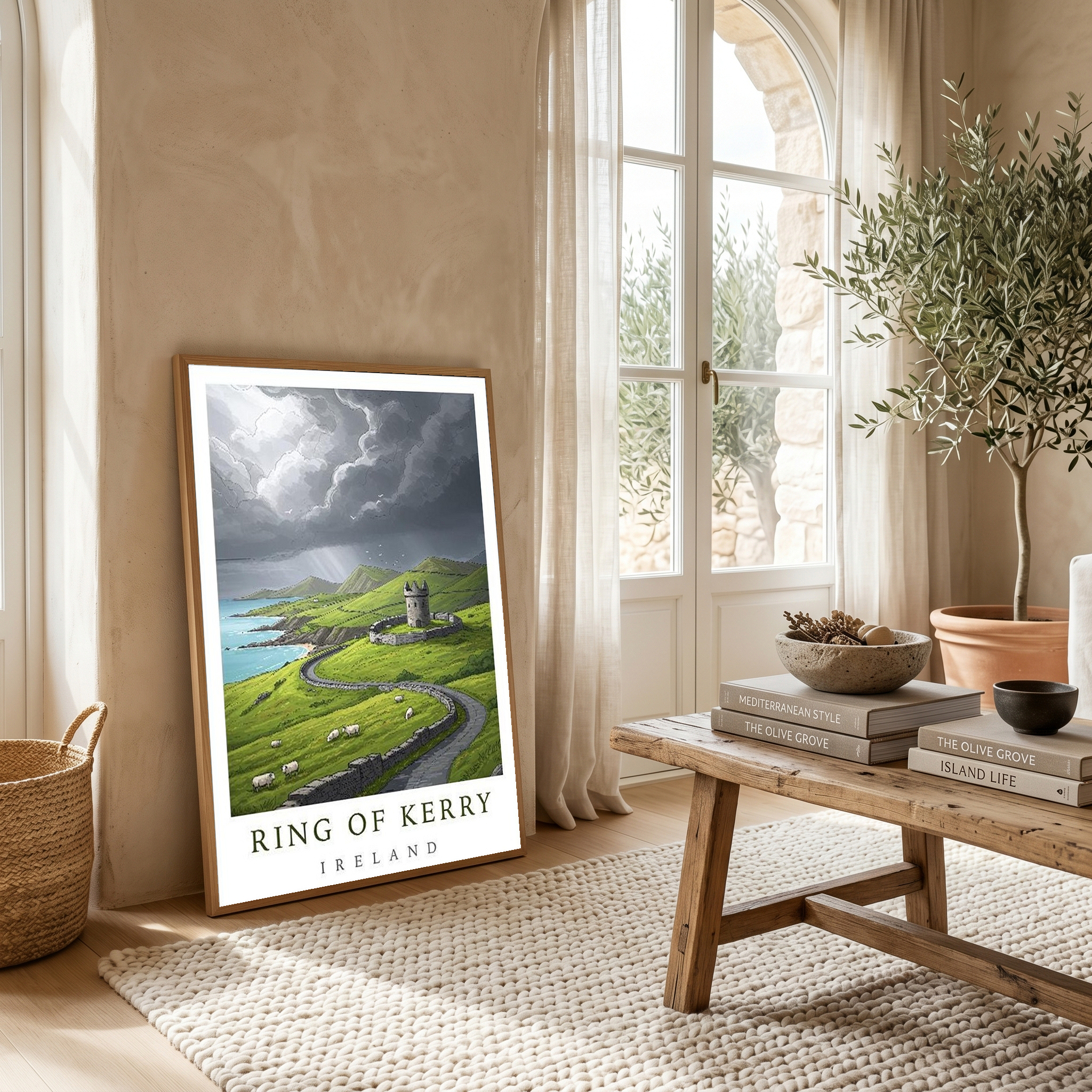 Ring of Kerry Ireland Travel Poster — Coastal Castle Sheep Stone Wall Print
