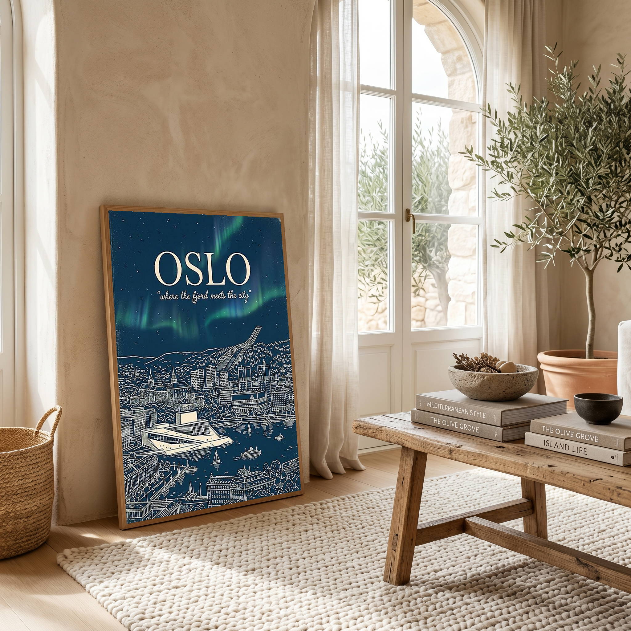 Oslo Line Art Print — Navy Opera House Fjord Aurora Borealis Skyline Wall Art