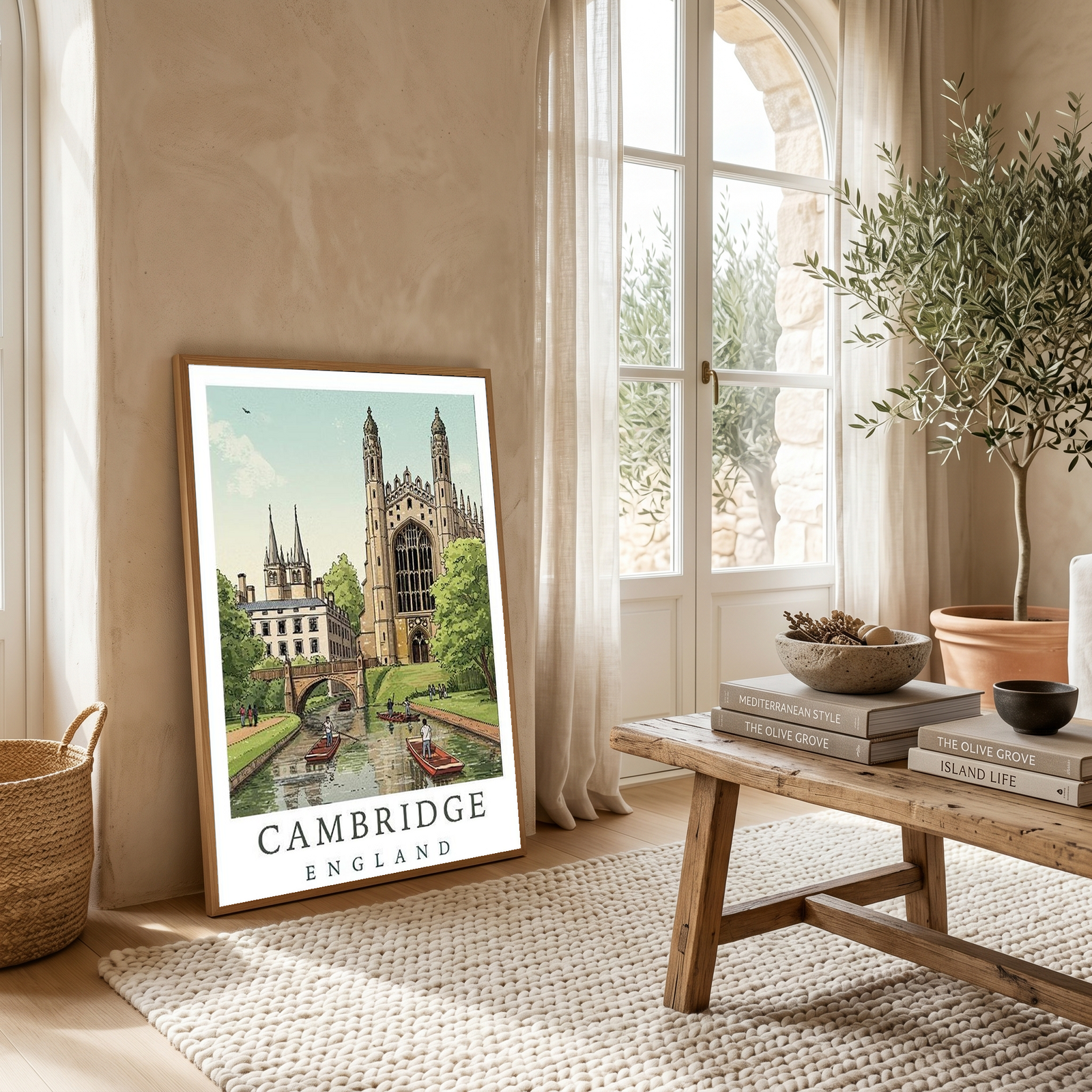 Cambridge England Travel Poster — King's College Punting River Cam Print