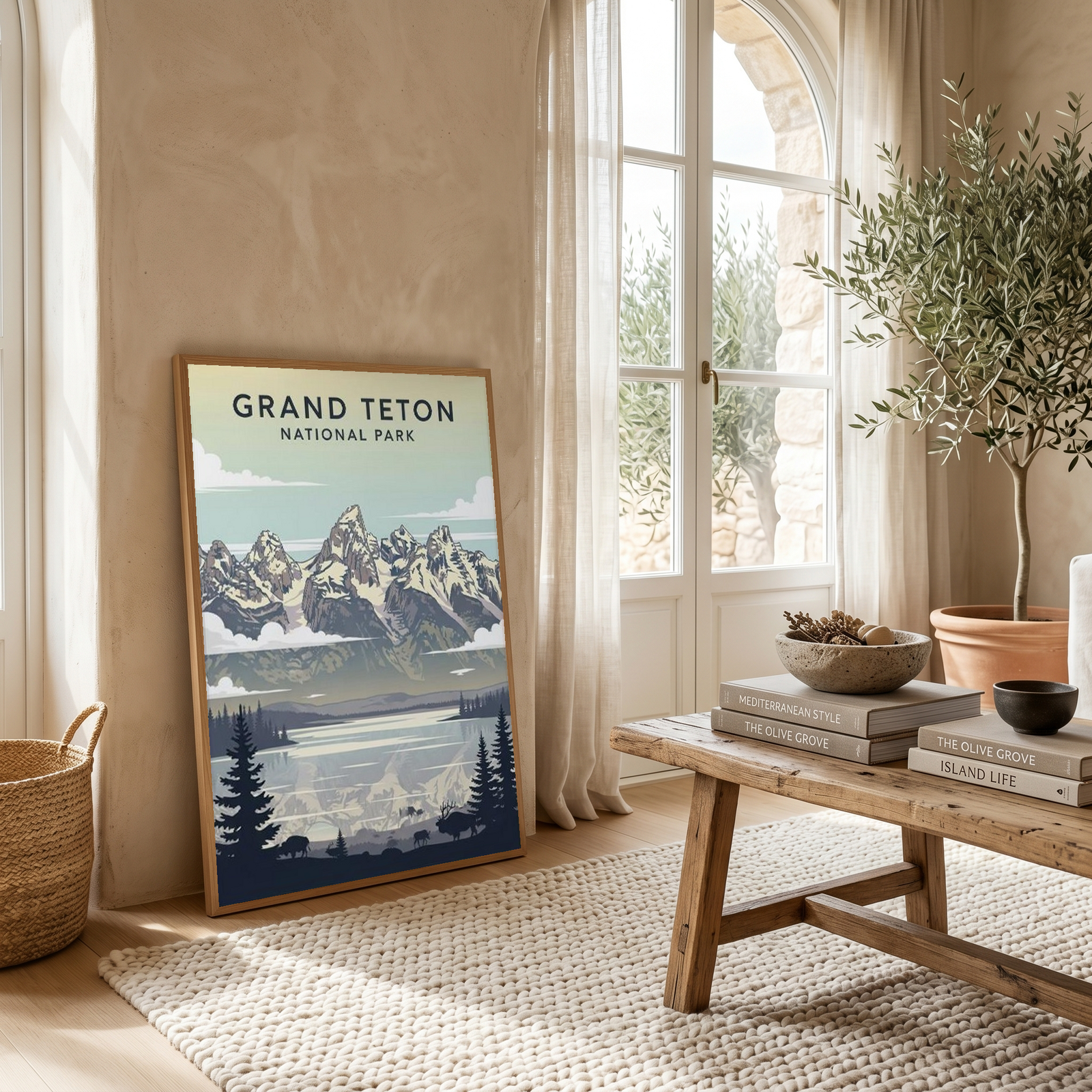 Grand Teton National Park Poster — Vintage Wyoming Bison Jackson Lake Print