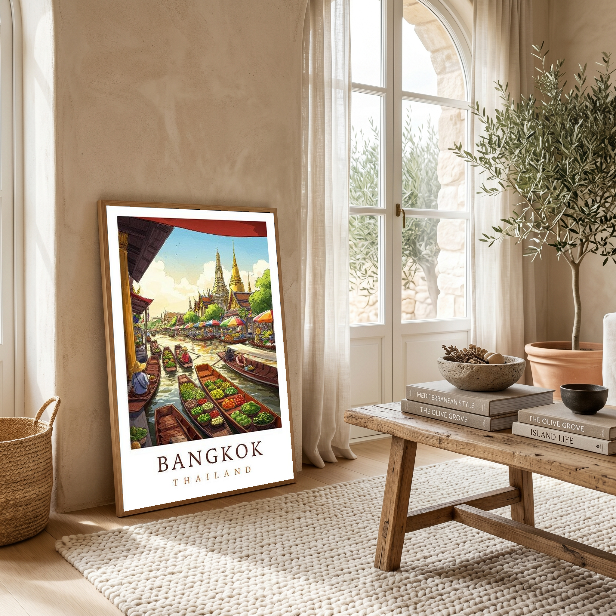 Bangkok Thailand Travel Poster — Floating Market Wat Arun Print