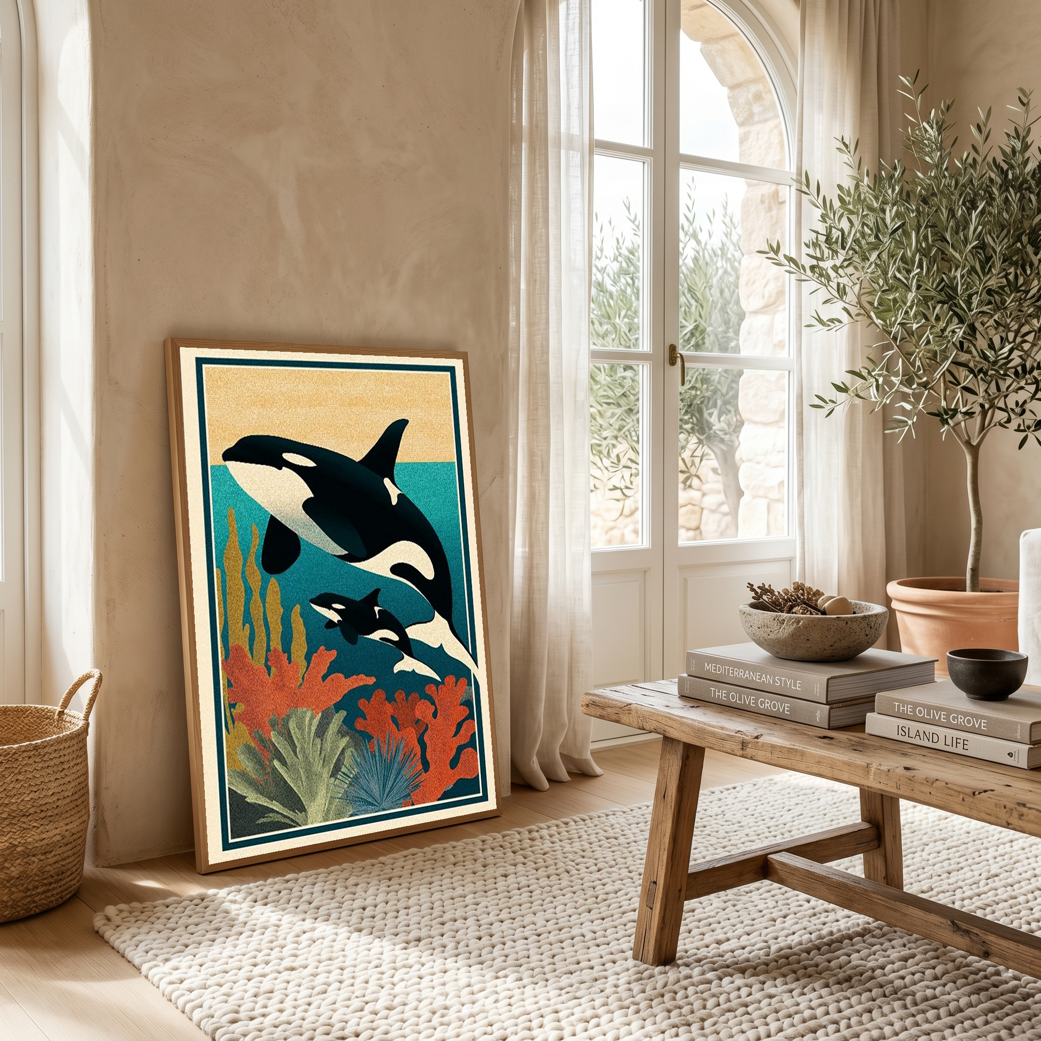 Orca Mother & Calf Ocean Reef Poster - Coastal Wildlife Wall Art