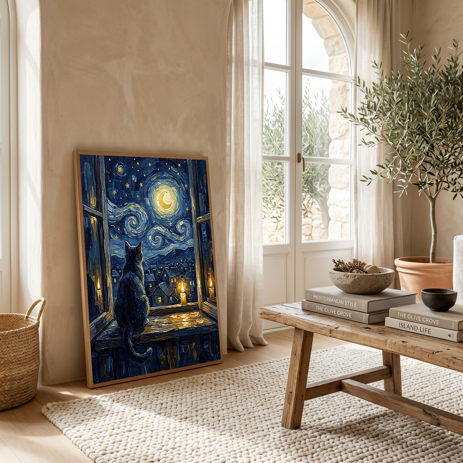 Cat at Candlelit Window Print — Van Gogh Starry Night Village Wall Art