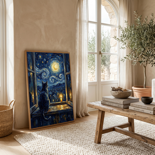 Cat at Candlelit Window Print — Van Gogh Starry Night Village Wall Art