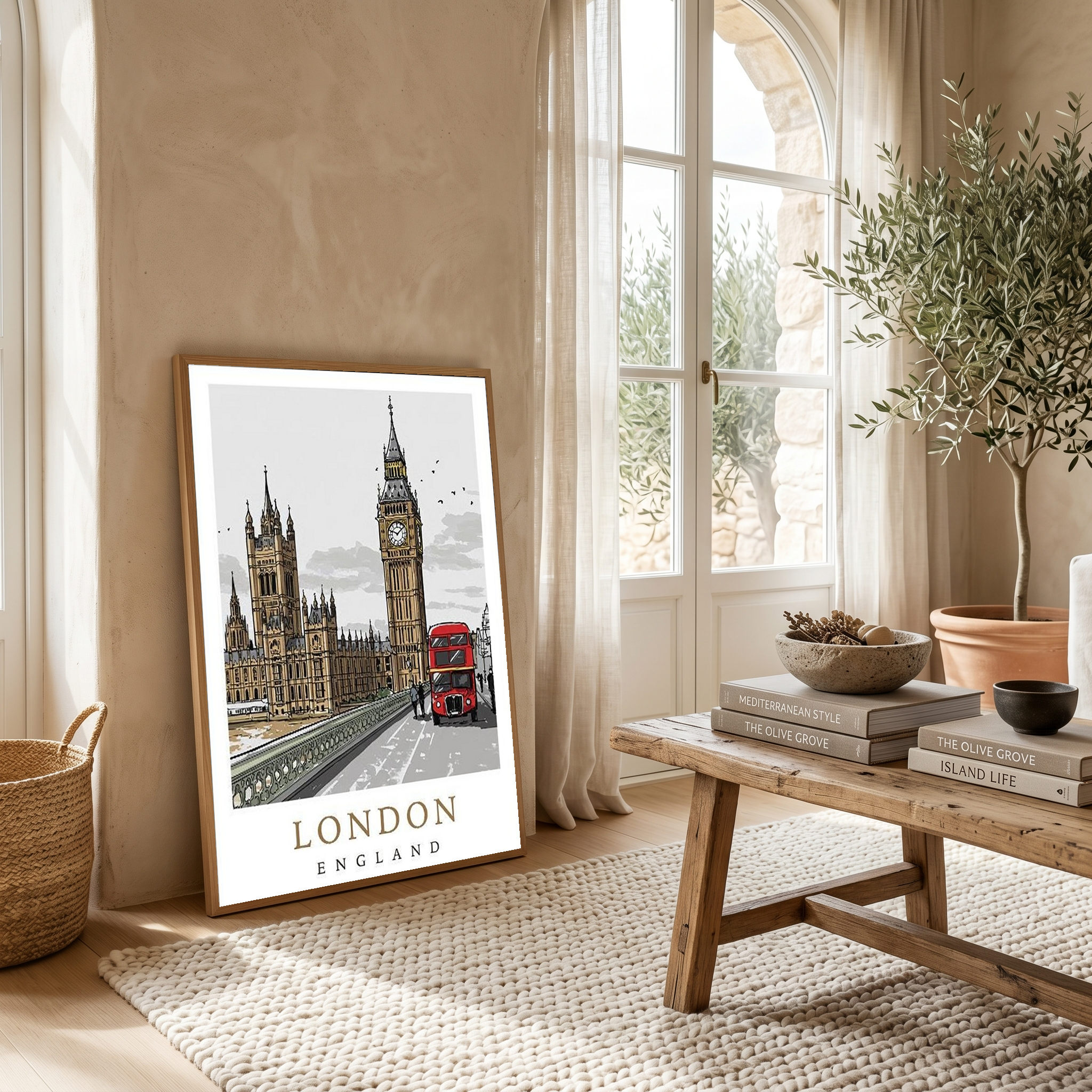 London Travel Poster — Big Ben Houses of Parliament Red Bus Print
