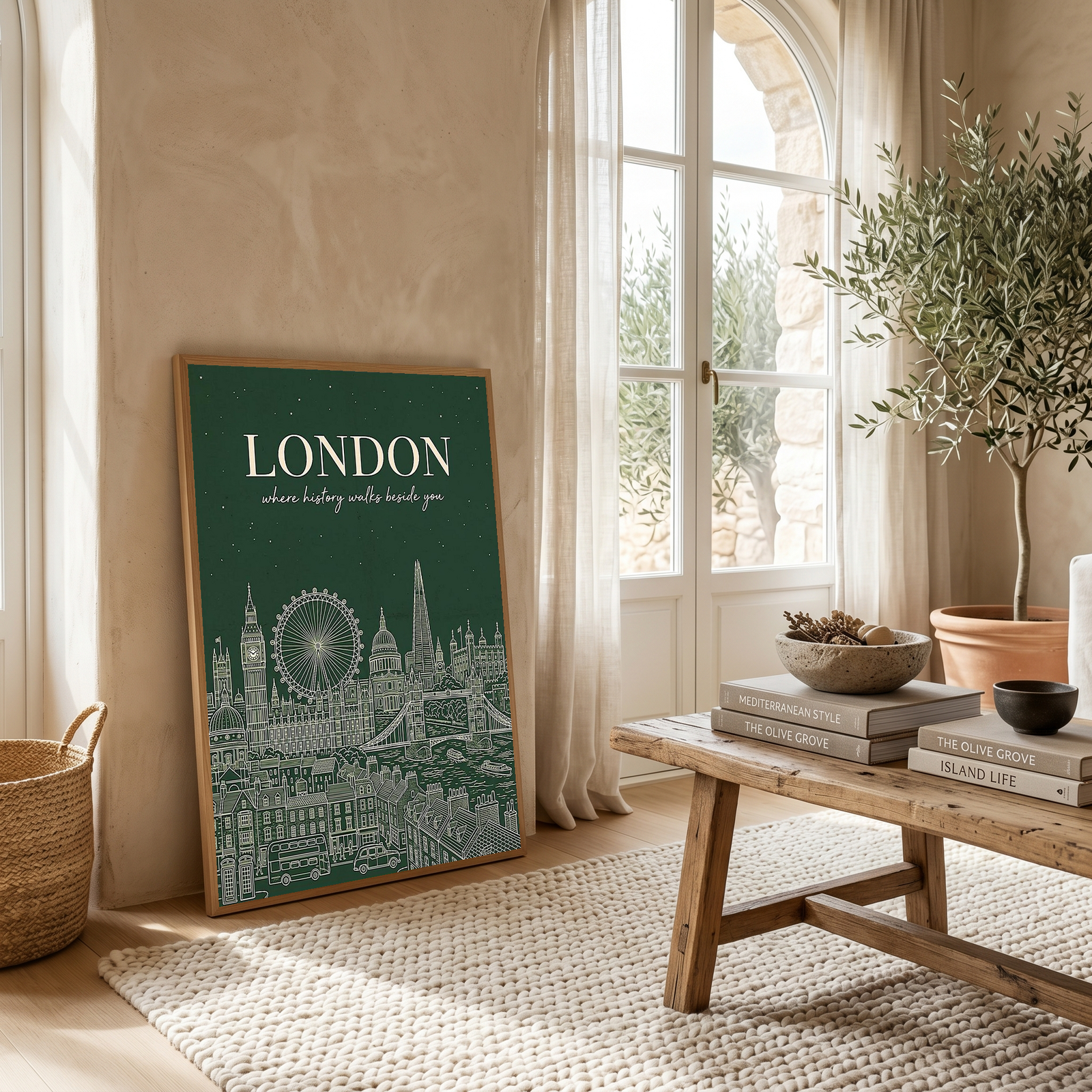 London Line Art Print — Forest Green Big Ben London Eye Skyline Wall Art